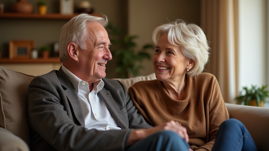 Professional photo of realistic couple aged 50s, fully clothed in casual comfortable clothing, sitting together having conversation, warm natural lighting, cozy home setting, upper body shot, sharp focus, NO text, NO watermarks