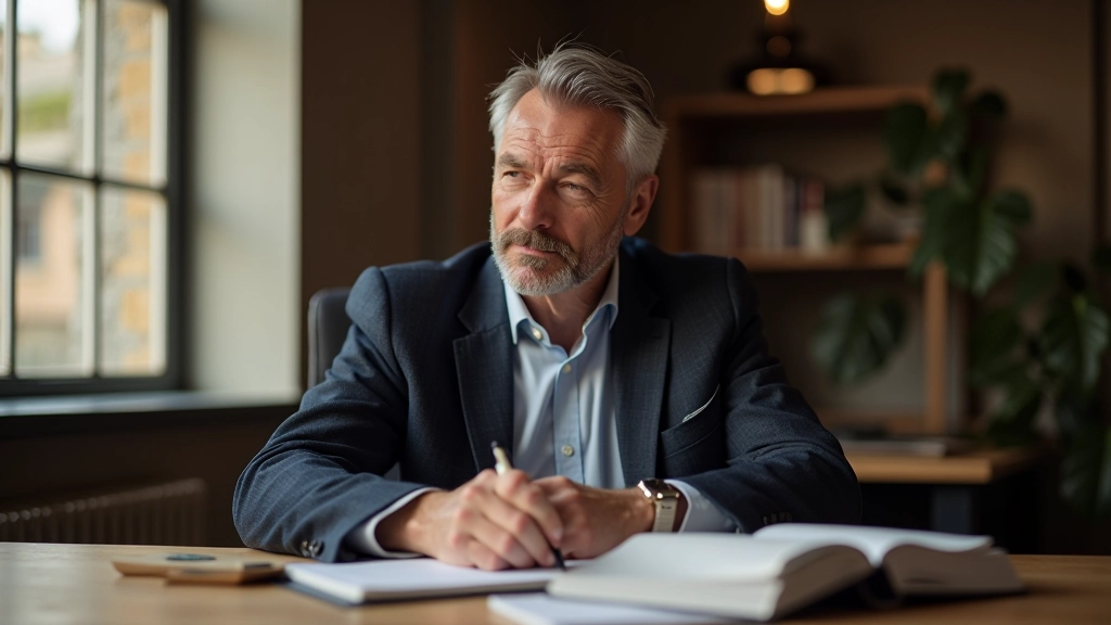 Man in professional attire at desk with laptop and papers, focused expression, modern office environment