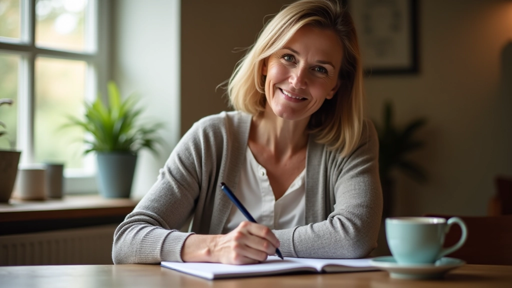 Person writing in notebook at wooden desk with coffee cup, planning and reflection moment