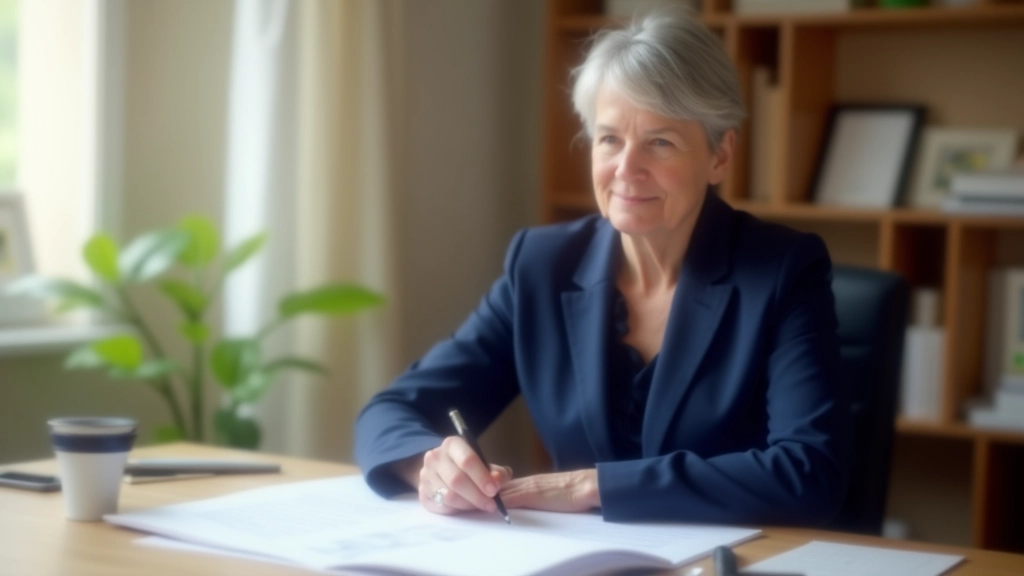 Professional woman aged 50 at desk reviewing documents and portfolio, focused expression, bright natural light from window