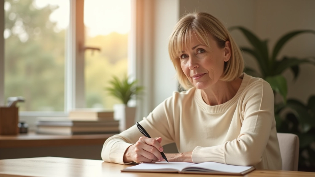 Woman in her 50s sitting at desk with notebook and pen, planning thoughtfully, warm natural light from window, modern home office