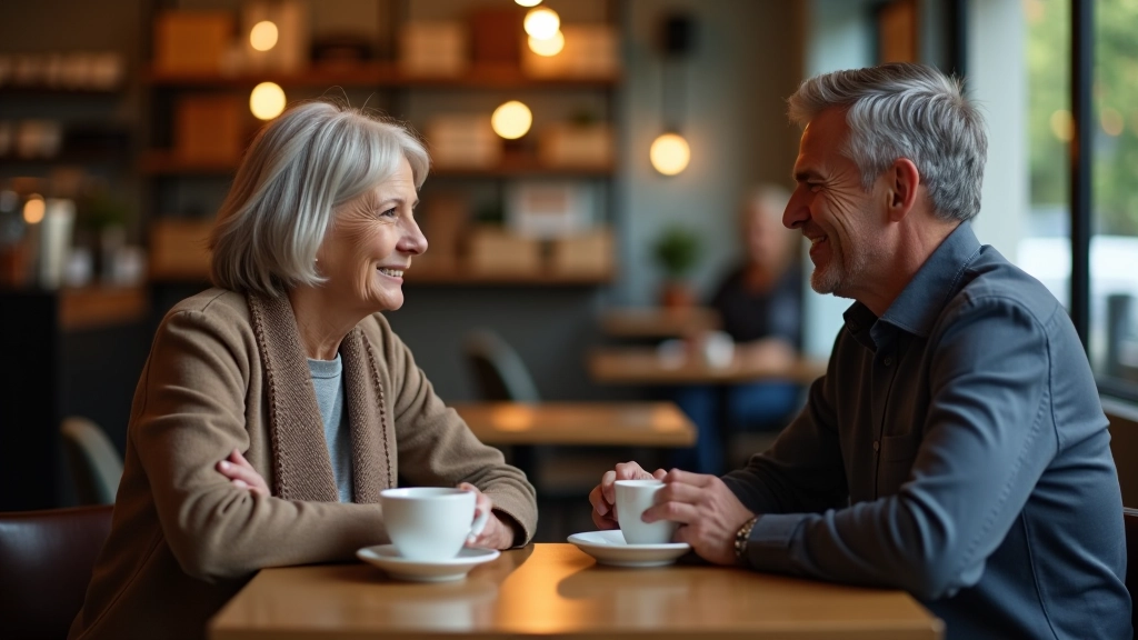Woman and man in conversation at coffee table, warm comfortable setting, natural lighting, connected moment